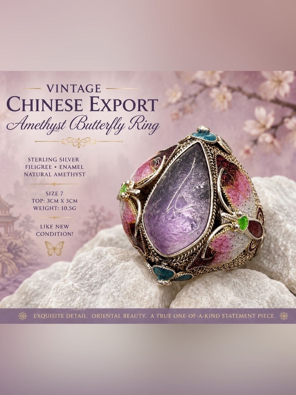 Vintage Chinese Export Sterling Silver Amethyst Enamel Butterfly Ring Size 7 10g